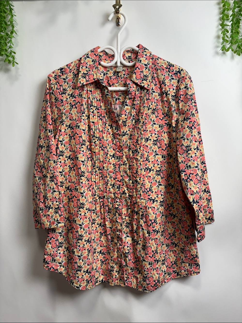Appleseed's Coral and Yellow Floral Pintuck Button-Down Shirt
